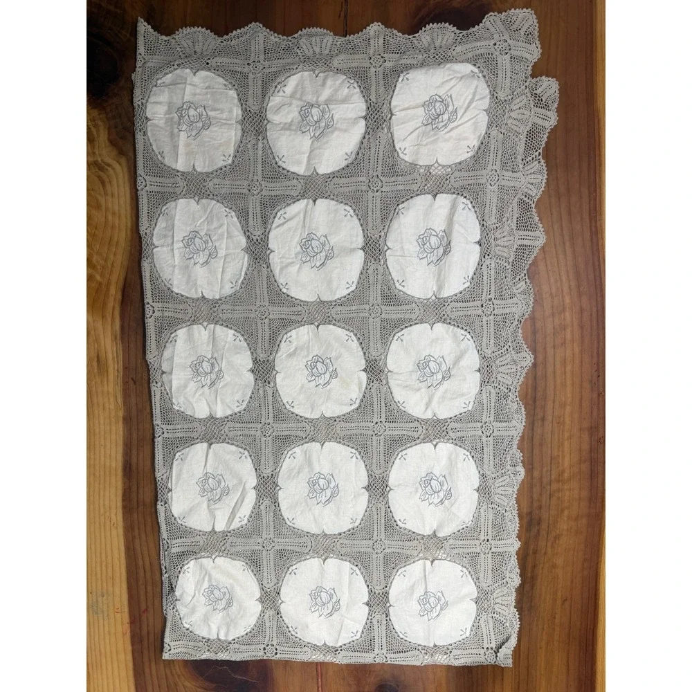 Vintage Antique Tablecloth Cotton Madeira With filet & Crochet lace LINEN E3-5